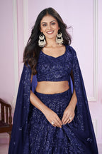 Jyoti Fashion Women's Navy Blue Georgette Sequins Thread Embroidered Lehenga Choli & Dupatta | Grocsy