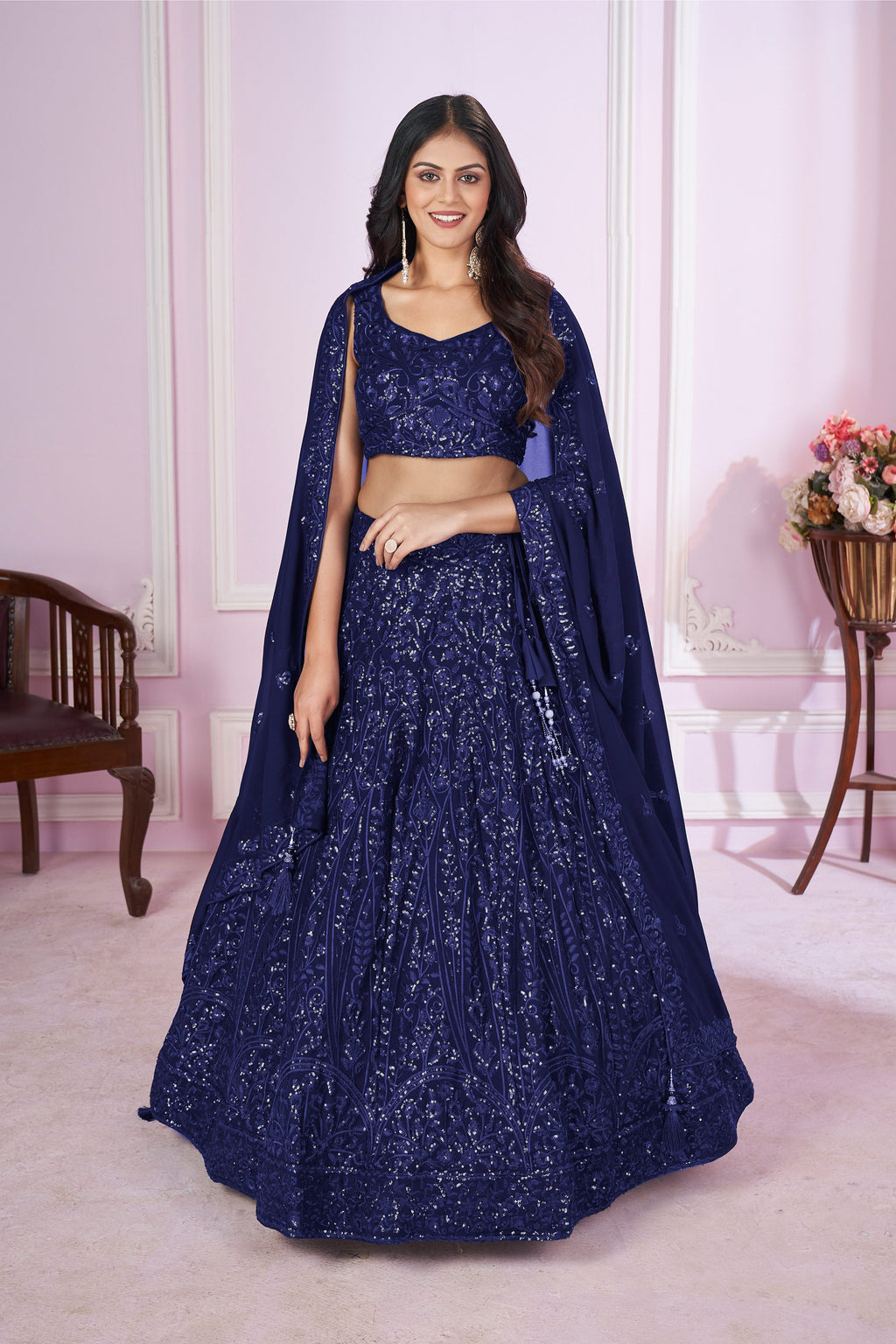 Jyoti Fashion Women's Navy Blue Georgette Sequins Thread Embroidered Lehenga Choli & Dupatta | Grocsy
