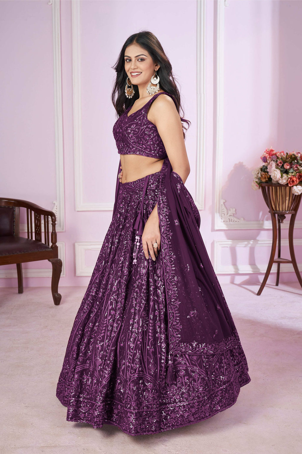 Jyoti Fashion Women's Purple Georgette Sequins Thread Embroidered Lehenga Choli & Dupatta | Grocsy