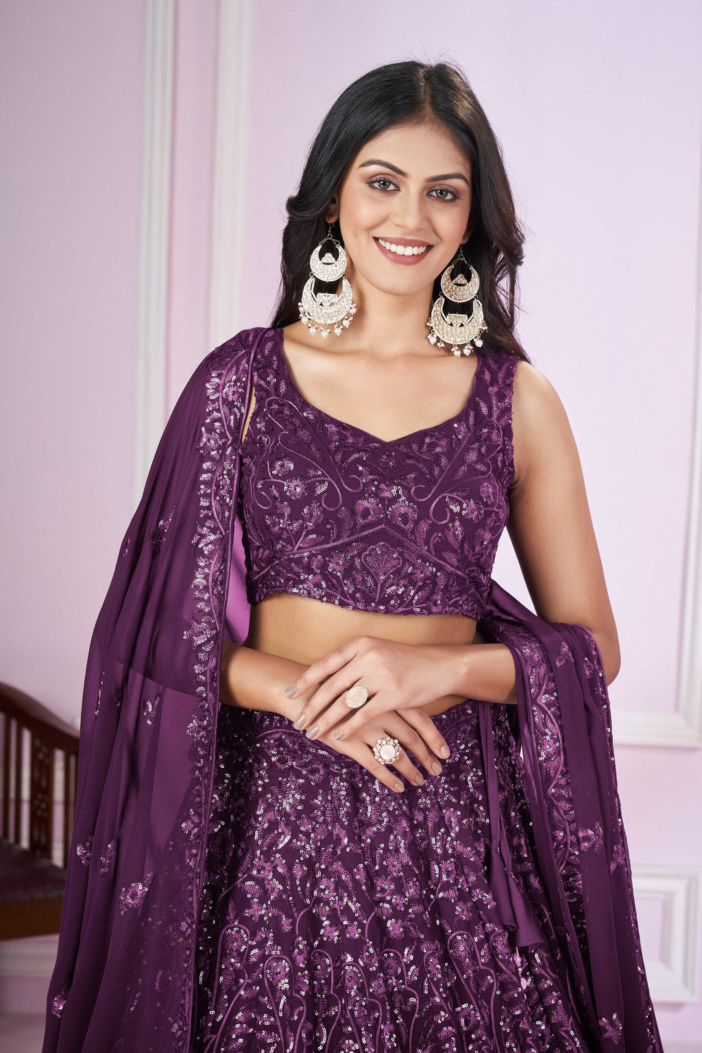 Jyoti Fashion Women's Purple Georgette Sequins Thread Embroidered Lehenga Choli & Dupatta | Grocsy
