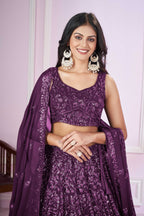 Jyoti Fashion Women's Purple Georgette Sequins Thread Embroidered Lehenga Choli & Dupatta | Grocsy