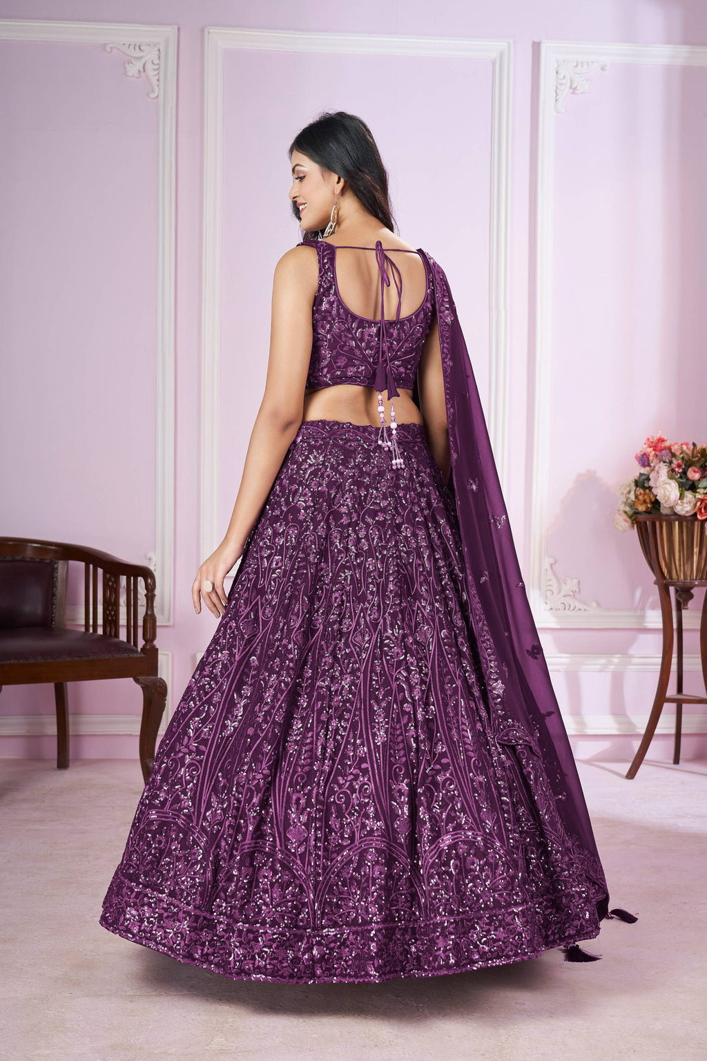 Jyoti Fashion Women's Purple Georgette Sequins Thread Embroidered Lehenga Choli & Dupatta | Grocsy
