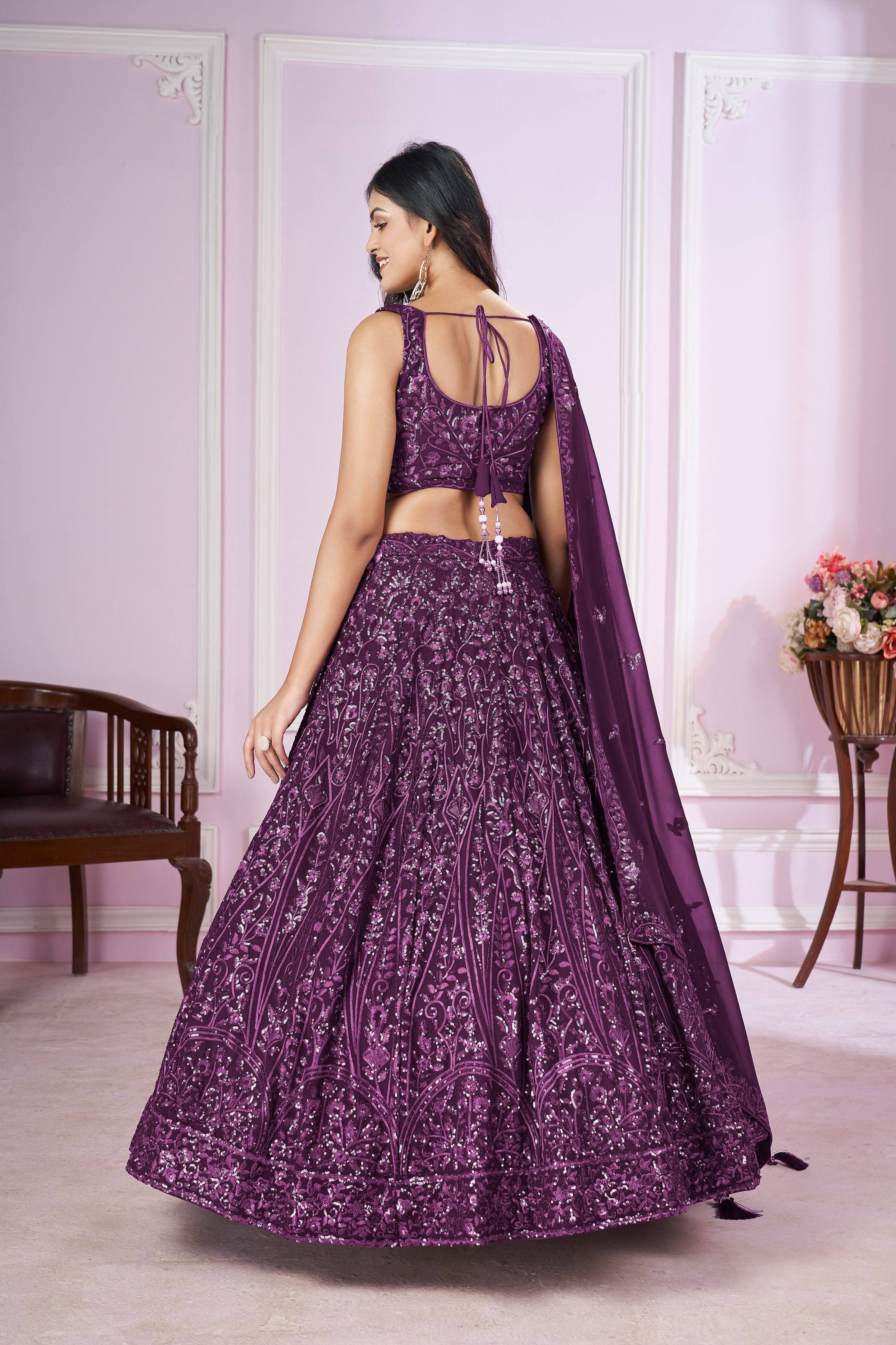 Jyoti Fashion Women's Purple Georgette Sequins Thread Embroidered Lehenga Choli & Dupatta | Grocsy
