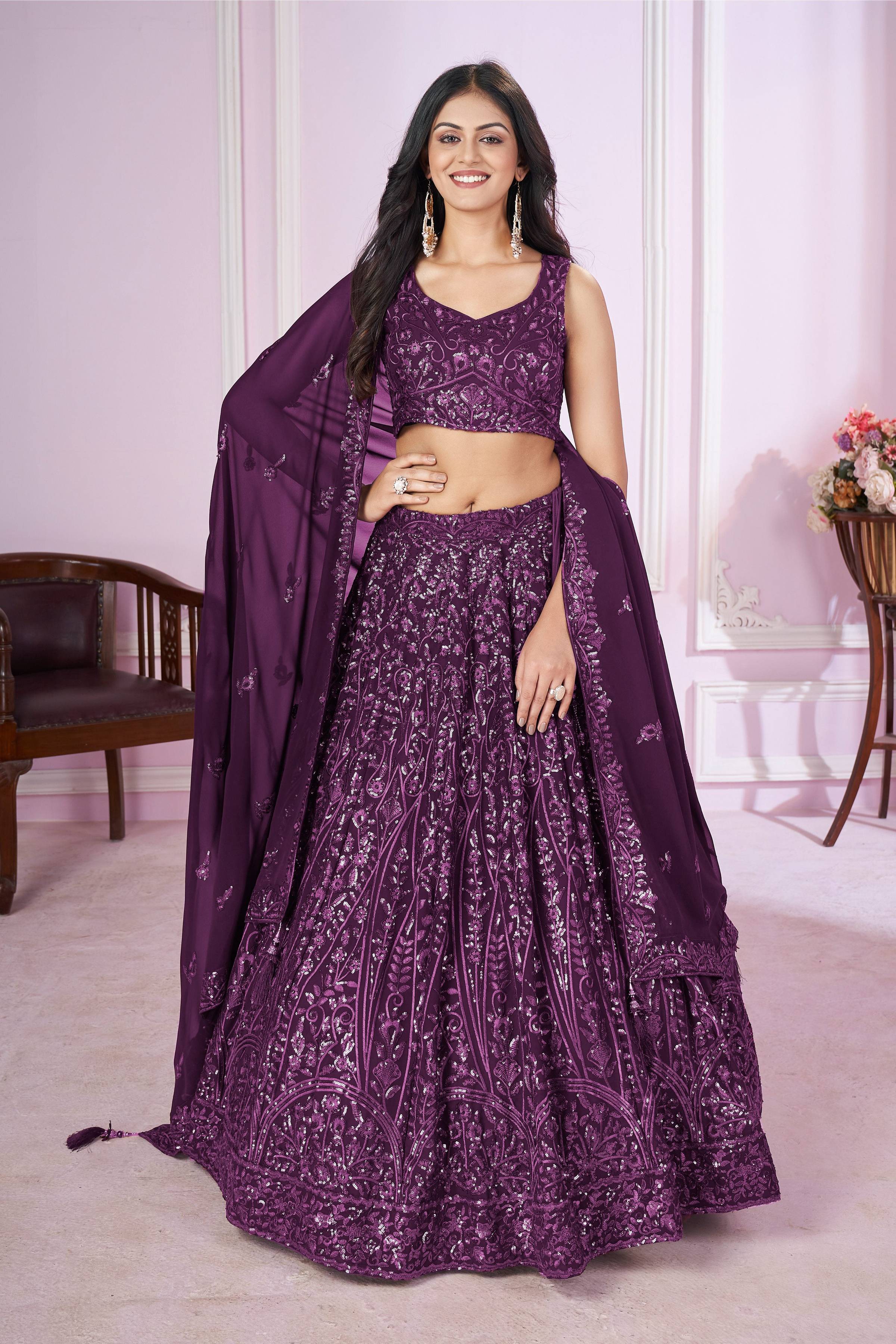 Jyoti Fashion Women's Purple Georgette Sequins Thread Embroidered Lehenga Choli & Dupatta | Grocsy