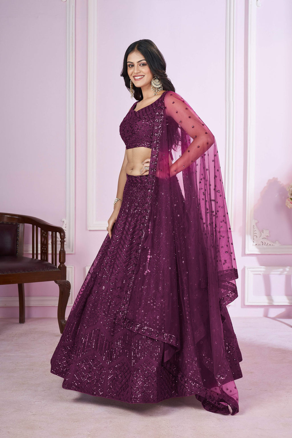 Jyoti Fashion Women's Wine Soft Net Sequins Thread Embroidered Lehenga Choli & Dupatta | Grocsy