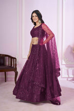 Jyoti Fashion Women's Wine Soft Net Sequins Thread Embroidered Lehenga Choli & Dupatta | Grocsy