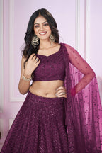 Jyoti Fashion Women's Wine Soft Net Sequins Thread Embroidered Lehenga Choli & Dupatta | Grocsy