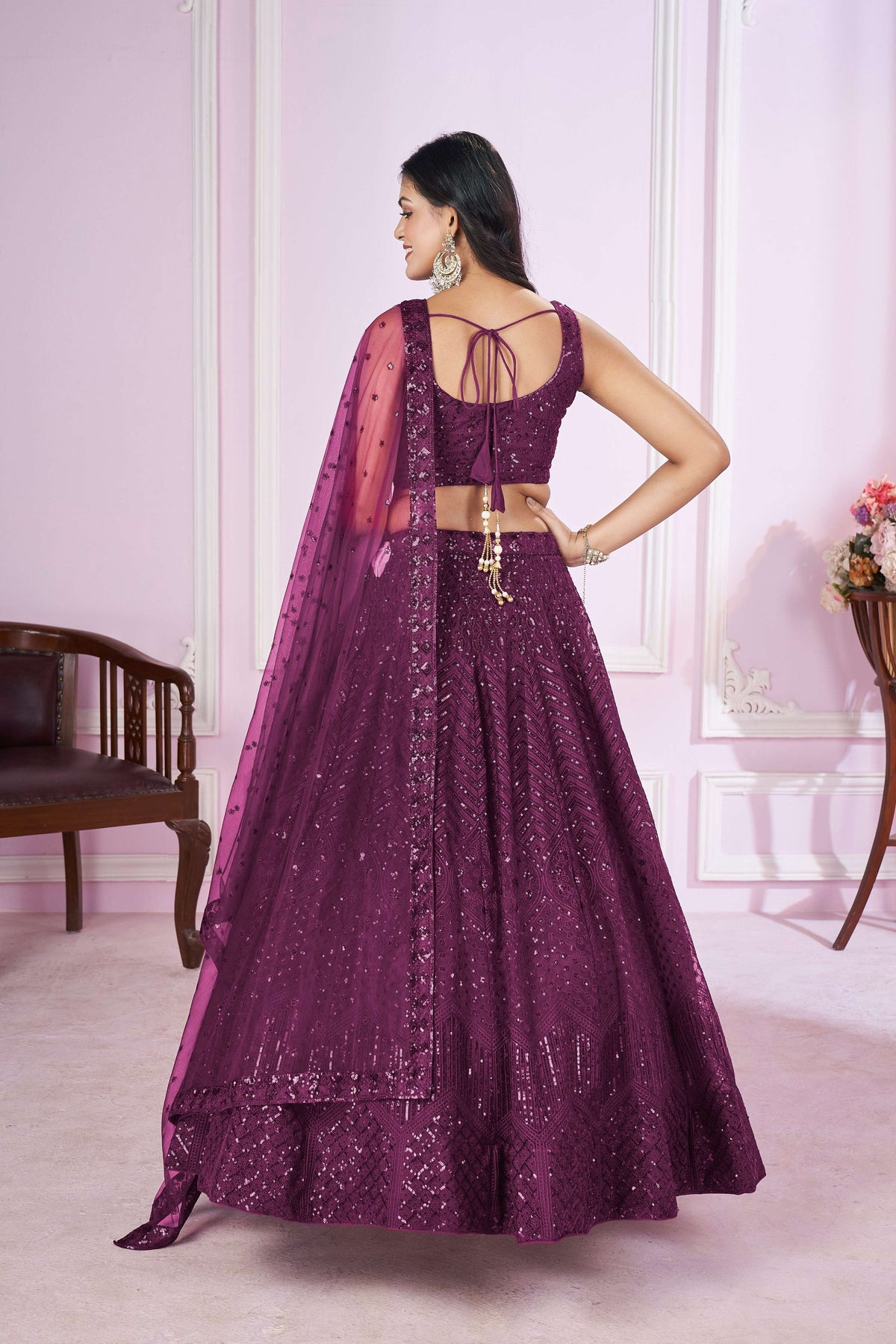 Jyoti Fashion Women's Wine Soft Net Sequins Thread Embroidered Lehenga Choli & Dupatta | Grocsy