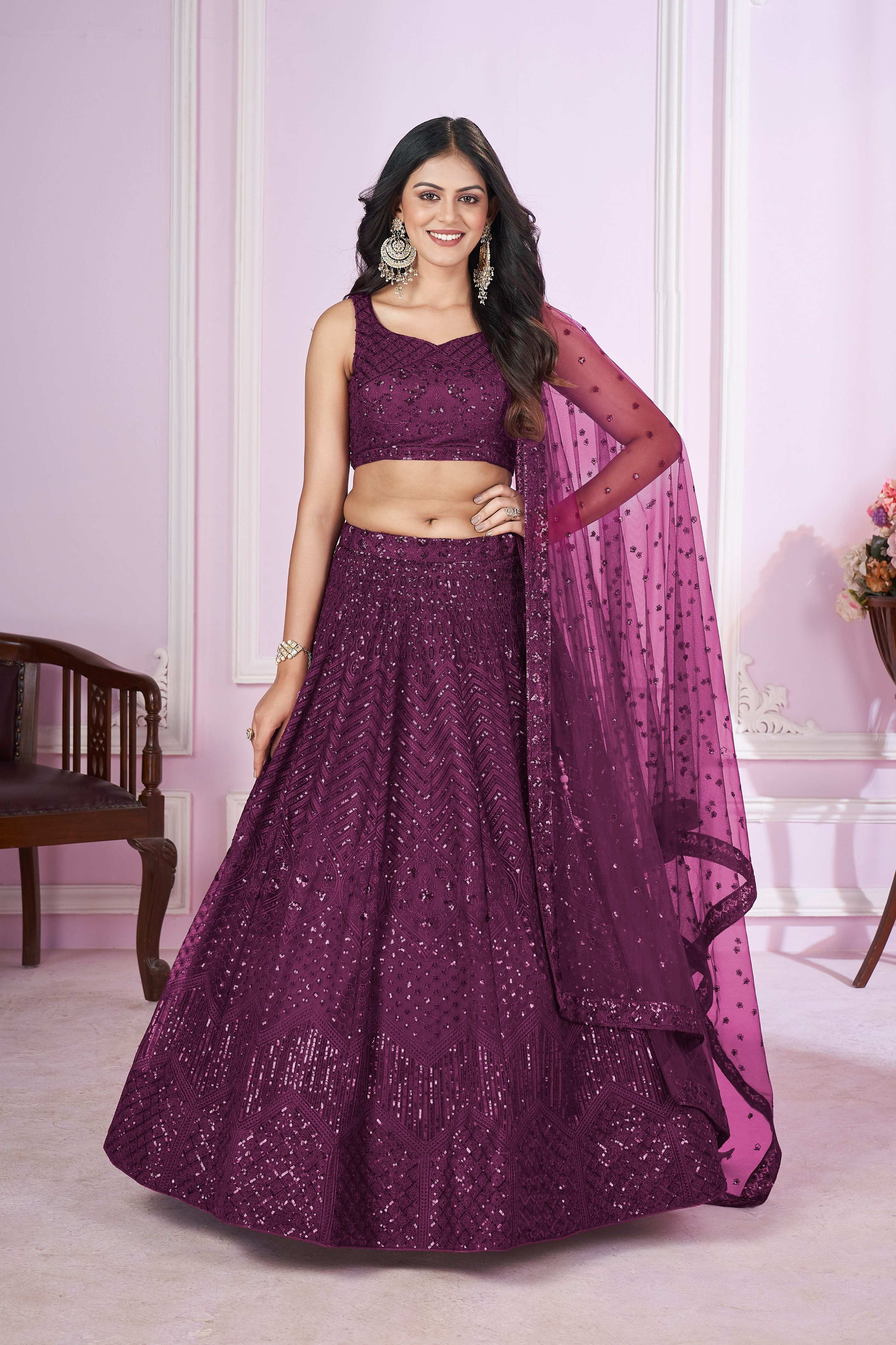 Jyoti Fashion Women's Wine Soft Net Sequins Thread Embroidered Lehenga Choli & Dupatta | Grocsy