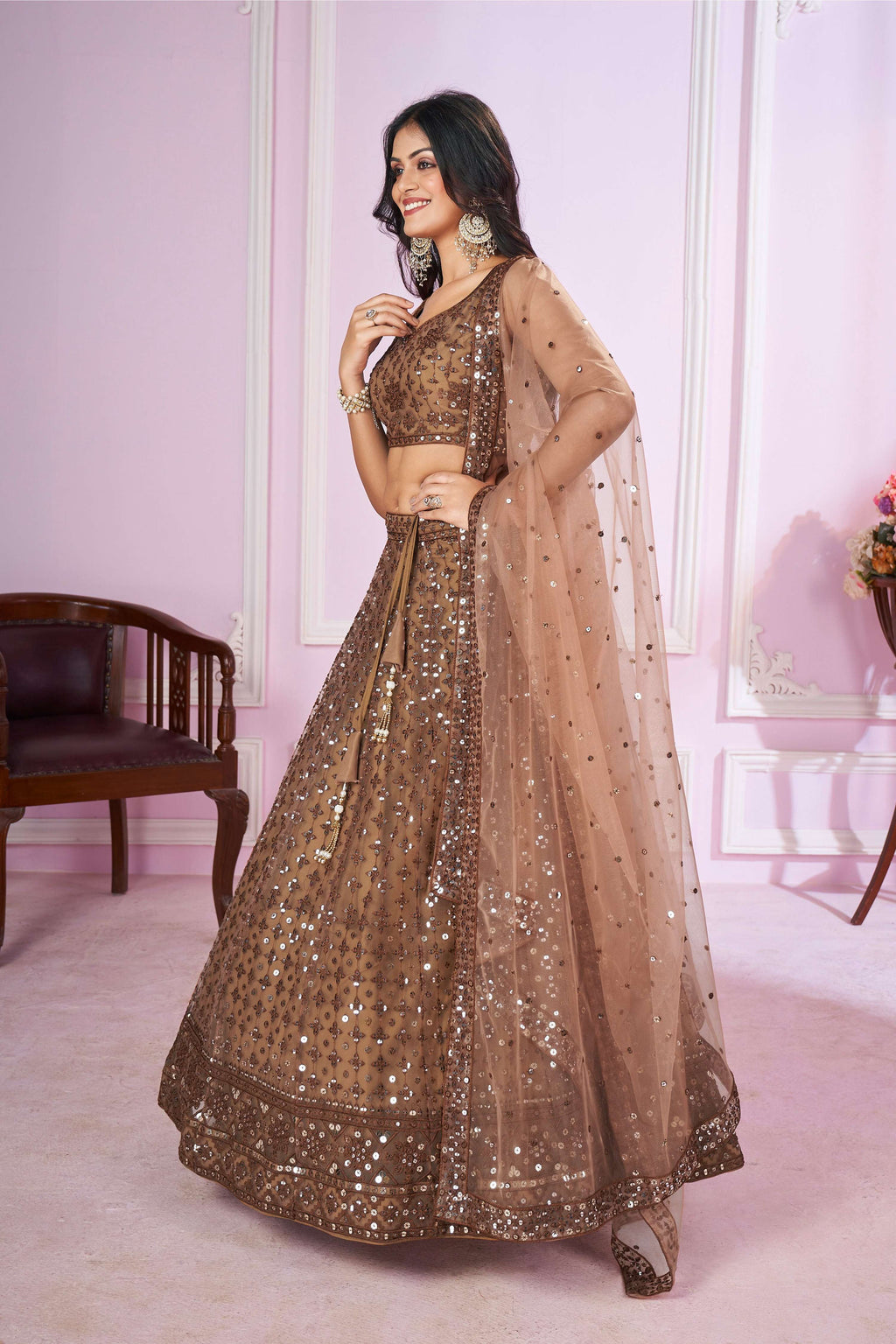 Jyoti Fashion Women's Brown Soft Net Sequins Thread Embroidered Lehenga Choli & Dupatta | Grocsy