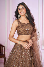 Jyoti Fashion Women's Brown Soft Net Sequins Thread Embroidered Lehenga Choli & Dupatta | Grocsy
