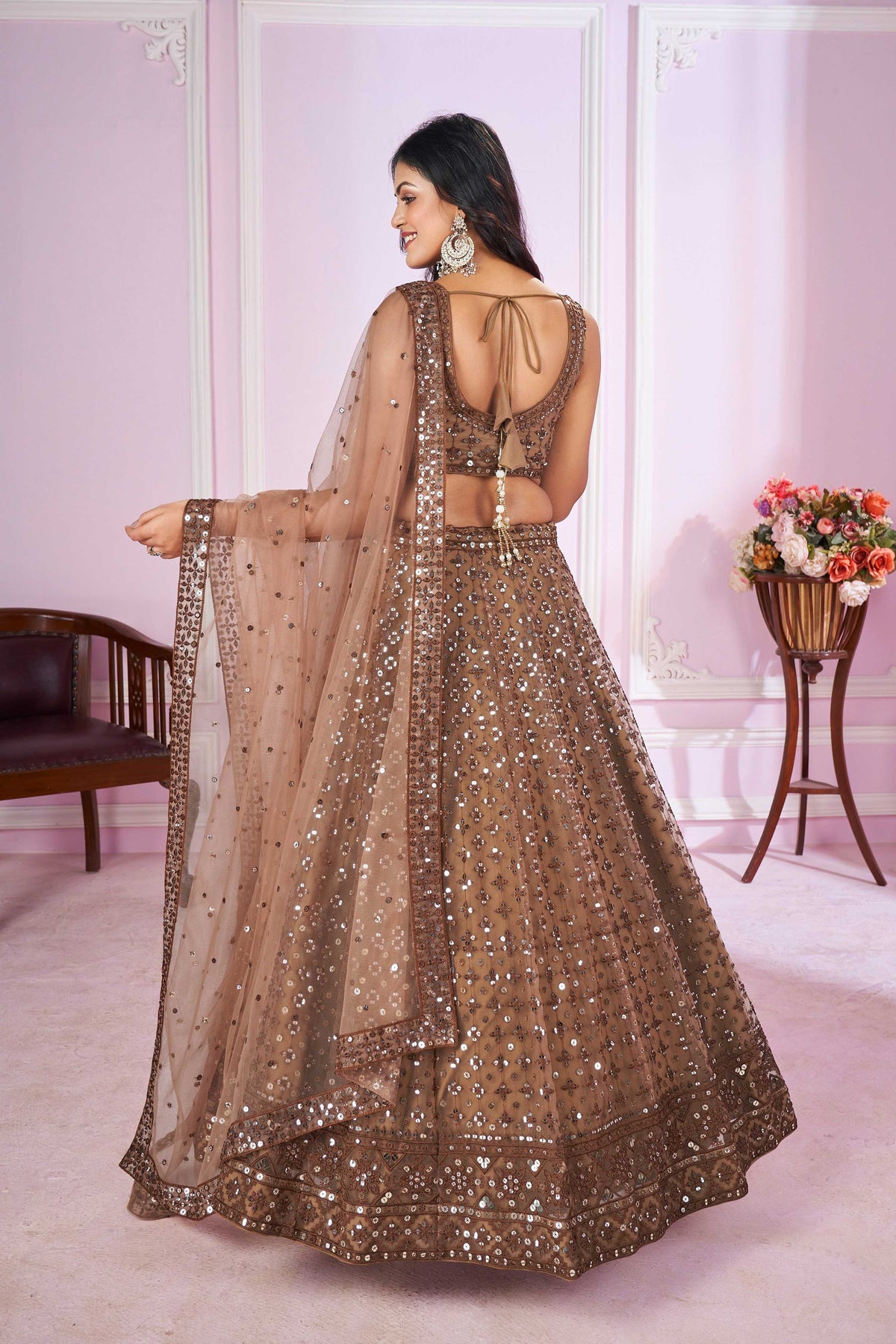 Jyoti Fashion Women's Brown Soft Net Sequins Thread Embroidered Lehenga Choli & Dupatta | Grocsy