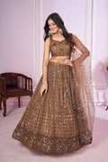 Jyoti Fashion Women's Brown Soft Net Sequins Thread Embroidered Lehenga Choli & Dupatta | Grocsy