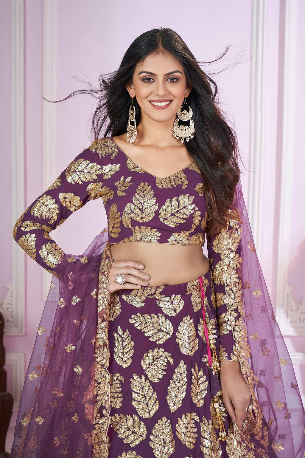 Jyoti Fashion Women's Purple Georgette Sequins Zari Embroidered Lehenga Choli & Dupatta | Grocsy