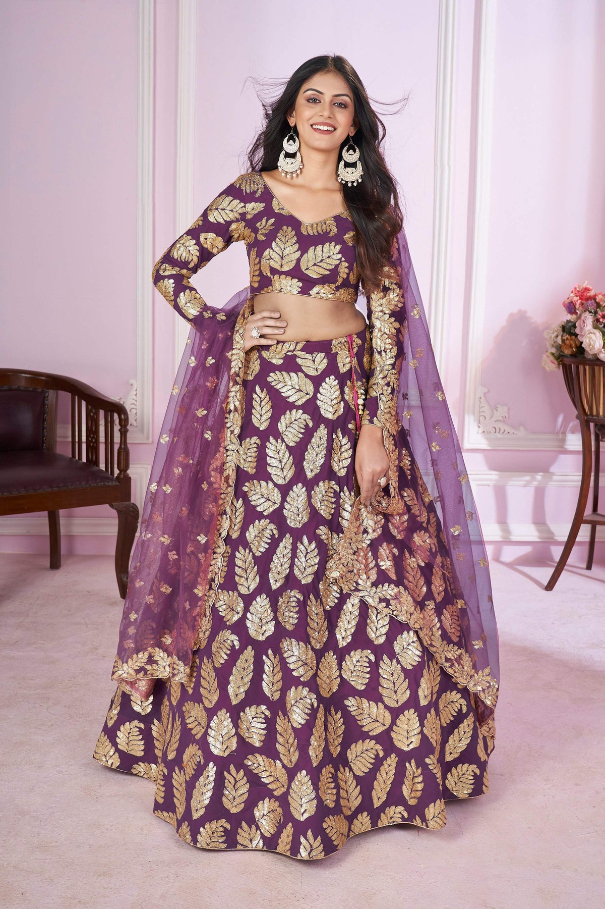 Jyoti Fashion Women's Purple Georgette Sequins Zari Embroidered Lehenga Choli & Dupatta | Grocsy