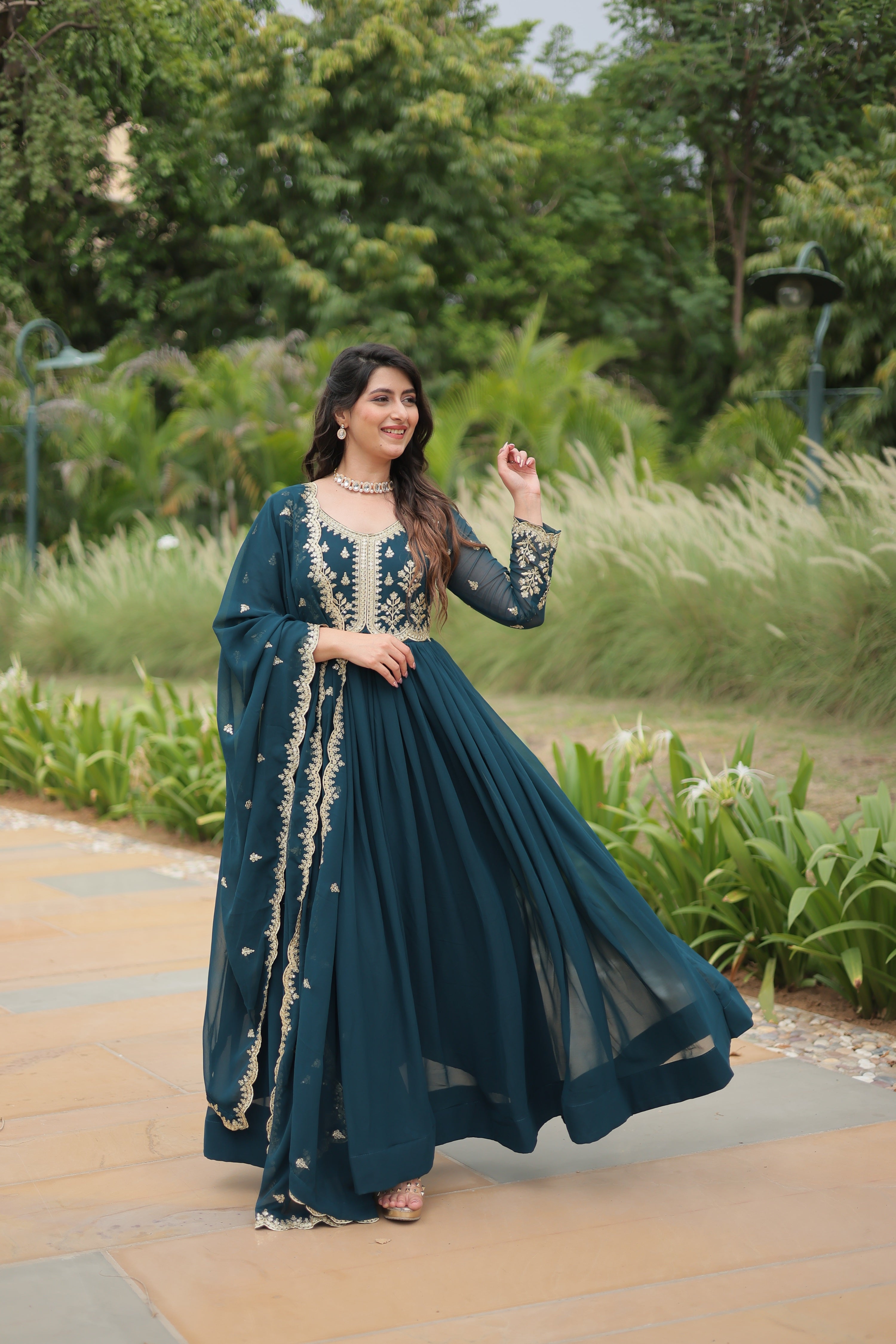 Jyoti Fashion Women's Rama Faux Blooming Sequins with Zari Embroidered Long Anarkali Sets | Grocsy