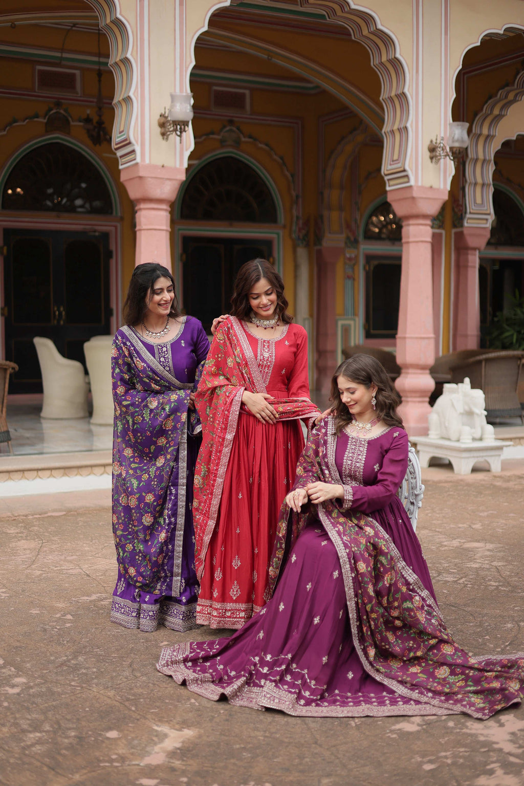 Jyoti Fashion Women's Maroon Purple & Wine Chinon Rich Sequins Embroidered Long Anarkali Combo Sets | Grocsy