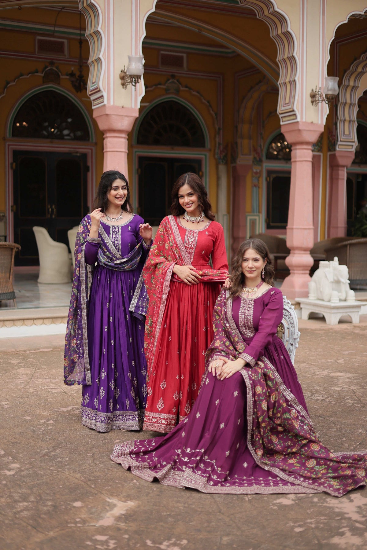 Jyoti Fashion Women's Maroon Purple & Wine Chinon Rich Sequins Embroidered Long Anarkali Combo Sets | Grocsy