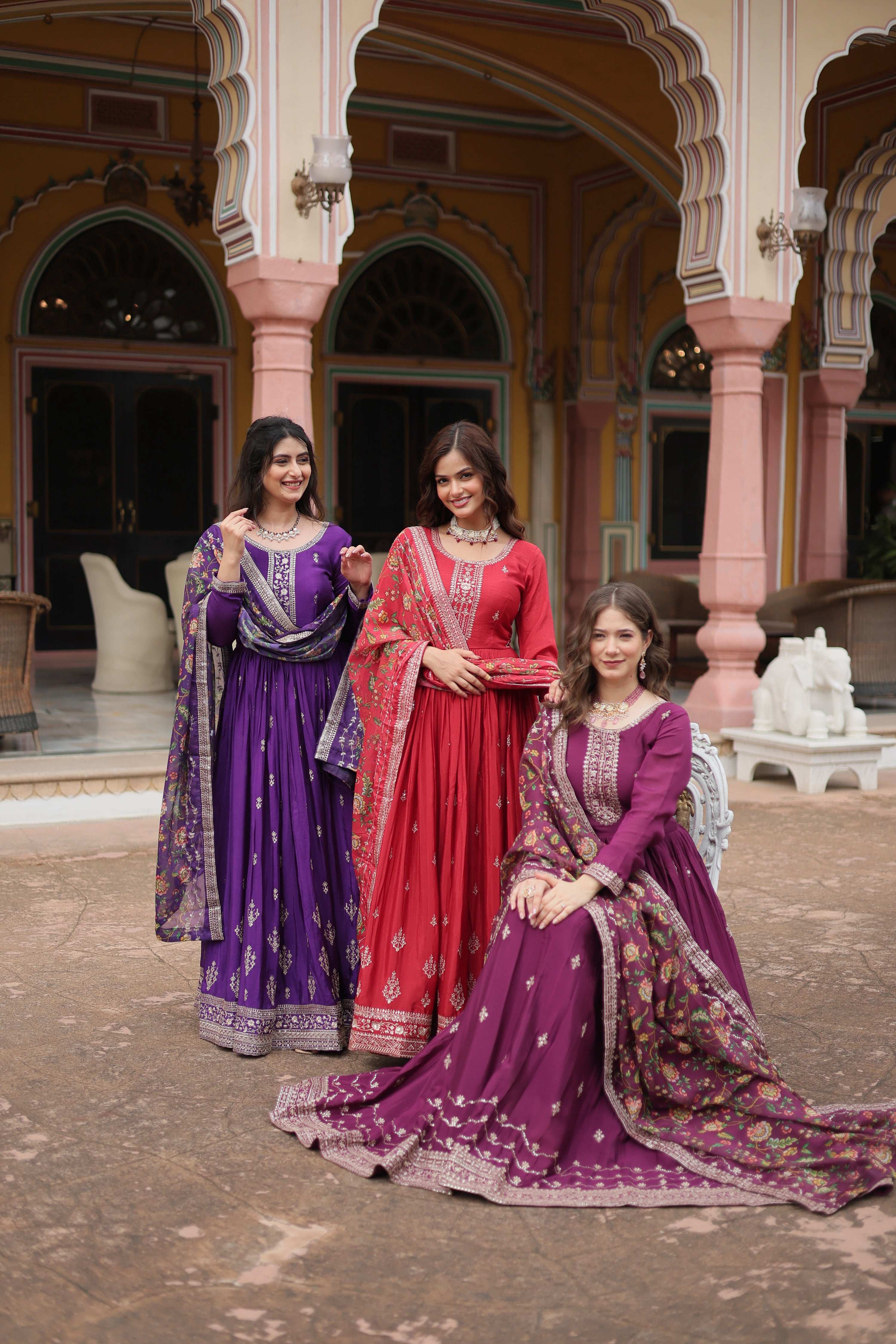 Jyoti Fashion Women's Maroon Purple & Wine Chinon Rich Sequins Embroidered Long Anarkali Combo Sets | Grocsy