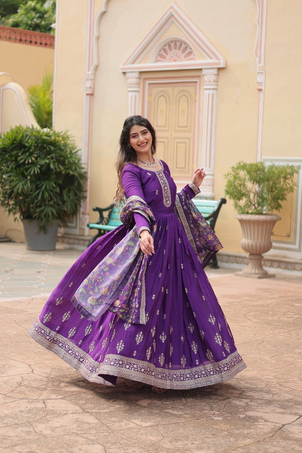 Jyoti Fashion Women's Purple Chinon Rich Sequins Embroidered Long Anarkali Sets | Grocsy