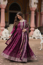 Jyoti Fashion Women's Wine Chinon Rich Sequins Embroidered Long Anarkali Sets | Grocsy