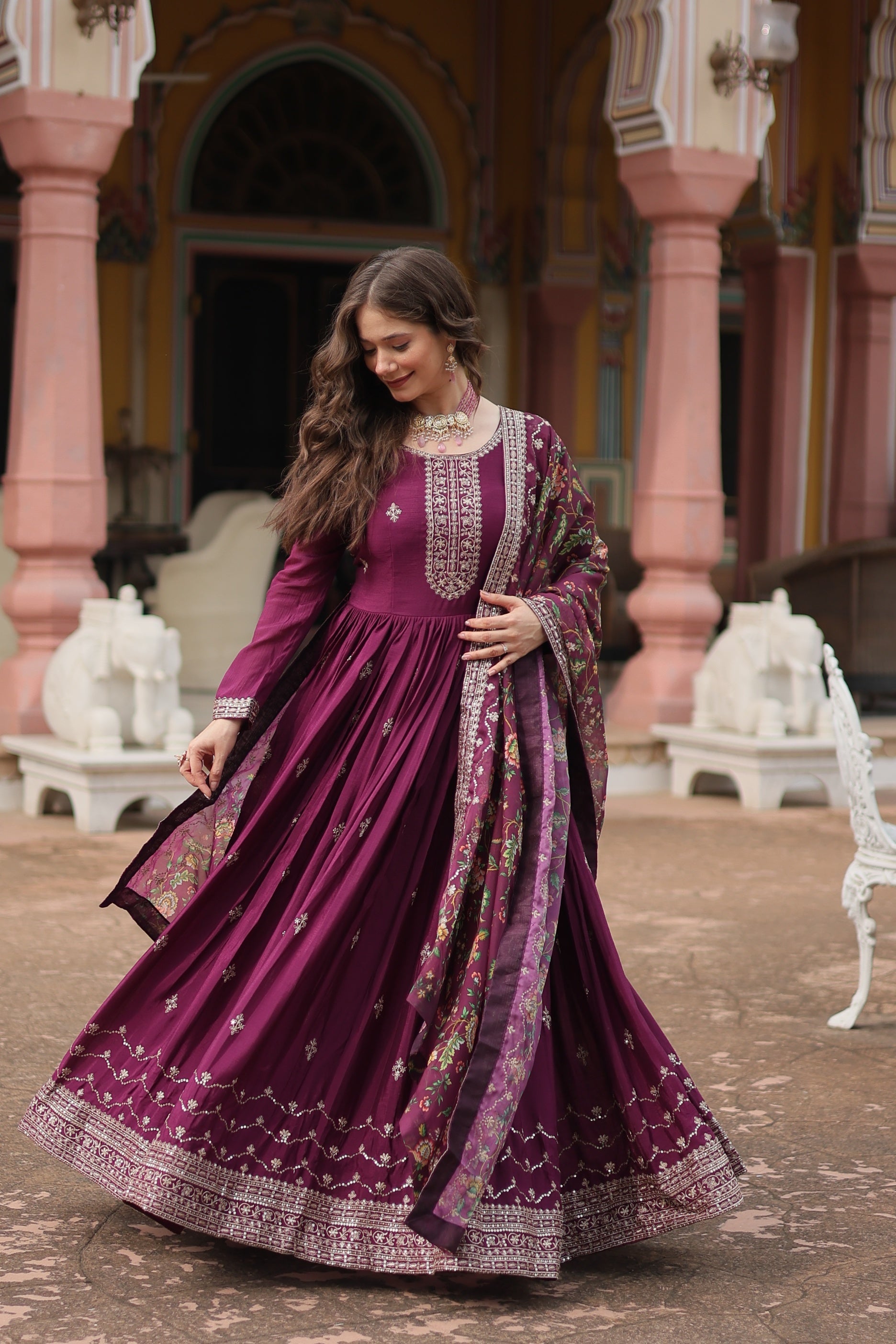 Jyoti Fashion Women's Wine Chinon Rich Sequins Embroidered Long Anarkali Sets | Grocsy
