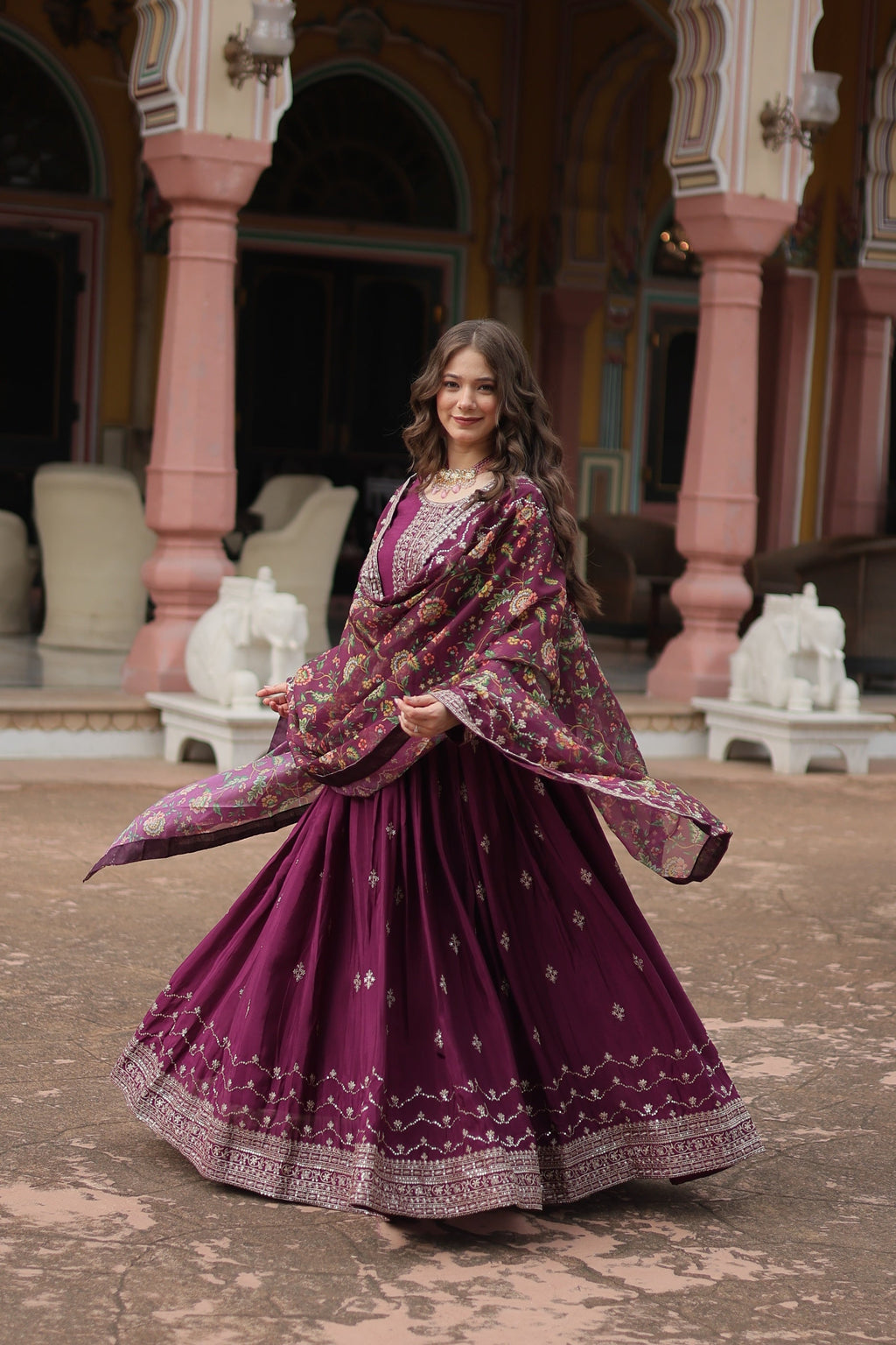 Jyoti Fashion Women's Wine Chinon Rich Sequins Embroidered Long Anarkali Sets | Grocsy