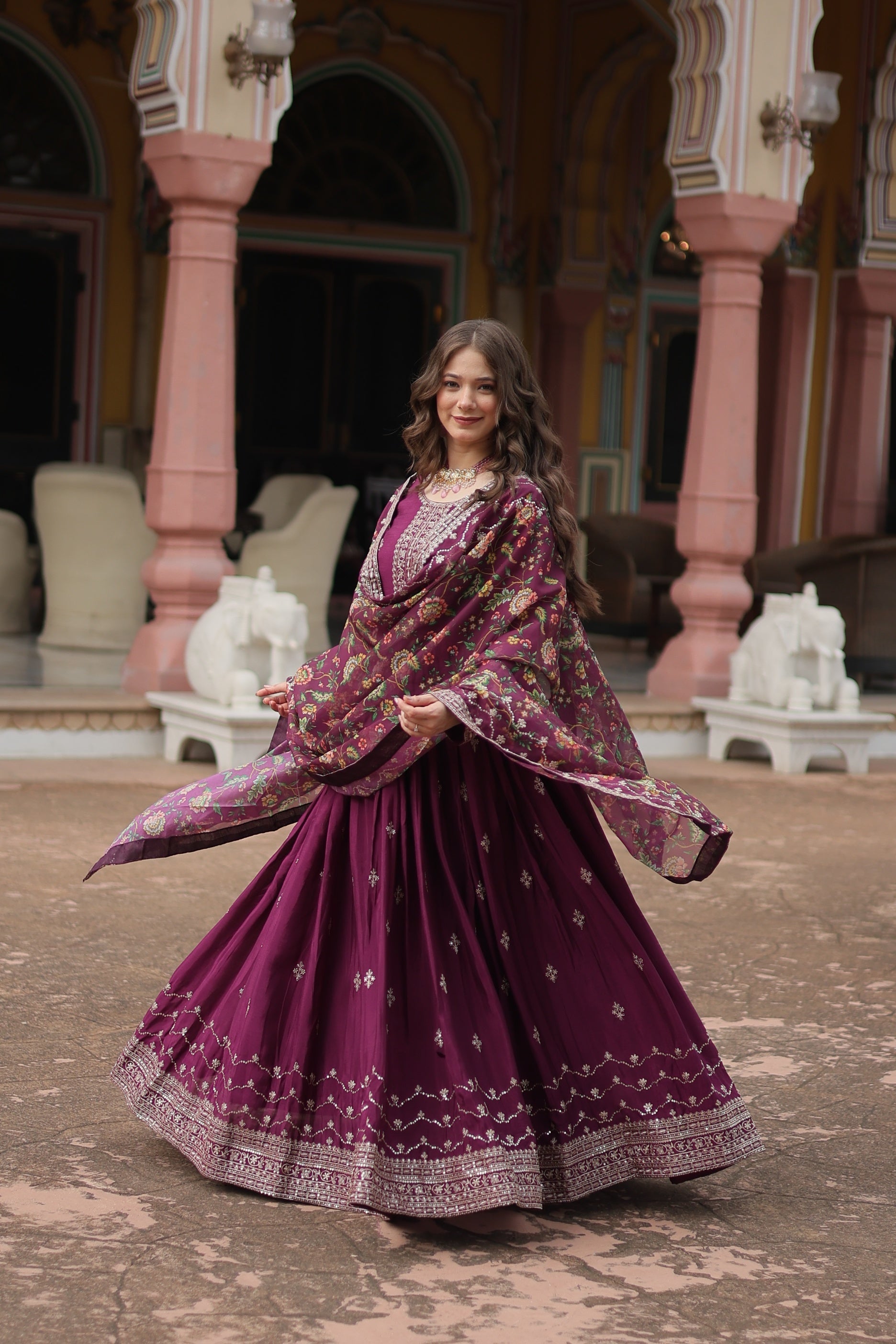 Jyoti Fashion Women's Wine Chinon Rich Sequins Embroidered Long Anarkali Sets | Grocsy