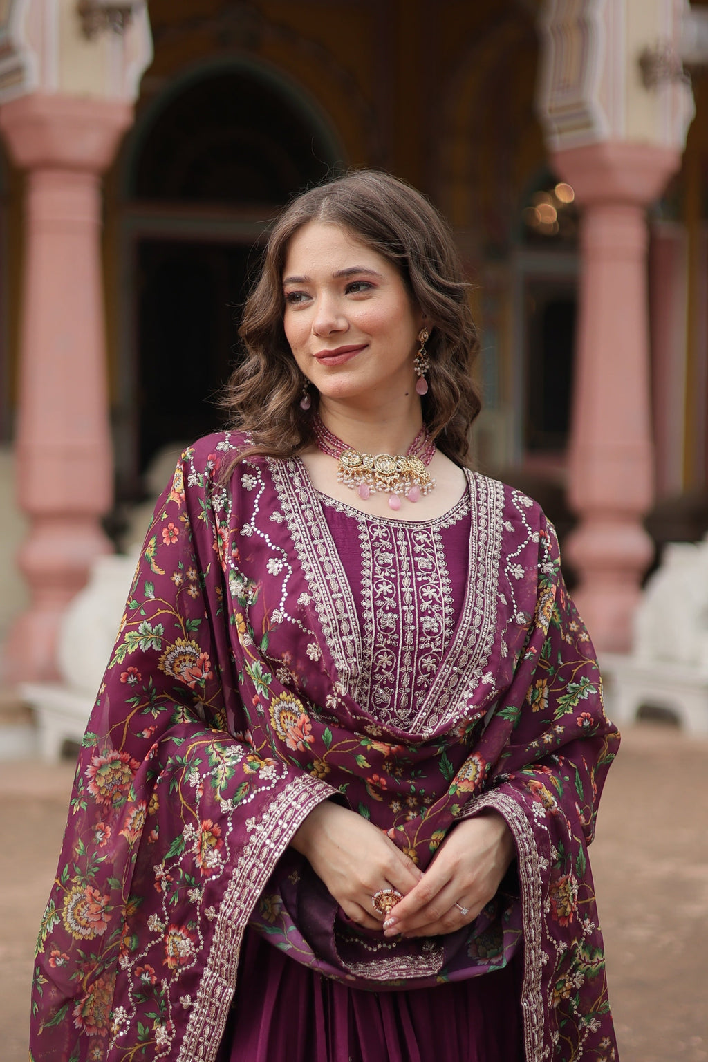 Jyoti Fashion Women's Wine Chinon Rich Sequins Embroidered Long Anarkali Sets | Grocsy