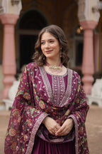 Jyoti Fashion Women's Wine Chinon Rich Sequins Embroidered Long Anarkali Sets | Grocsy