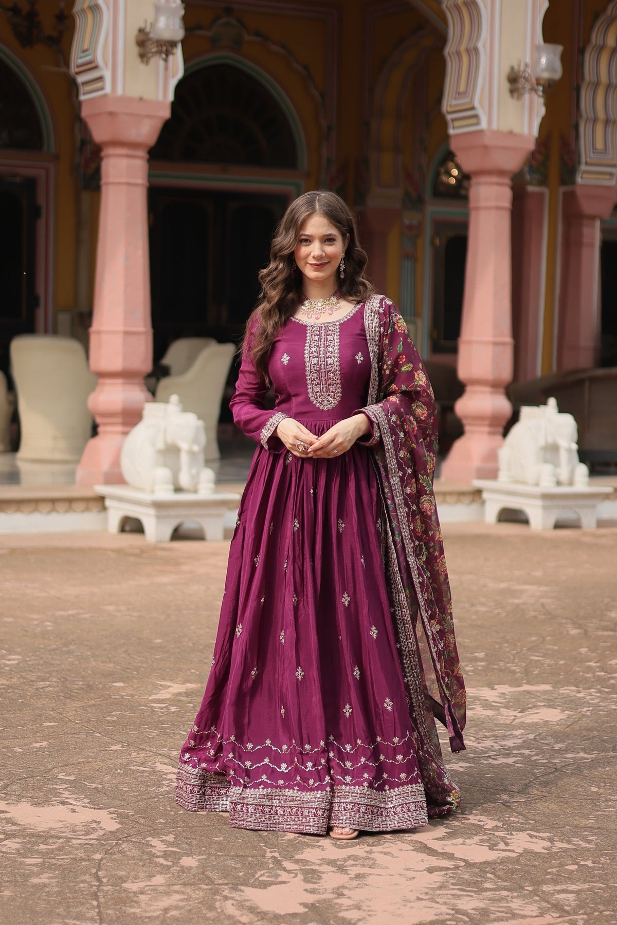 Jyoti Fashion Women's Wine Chinon Rich Sequins Embroidered Long Anarkali Sets | Grocsy