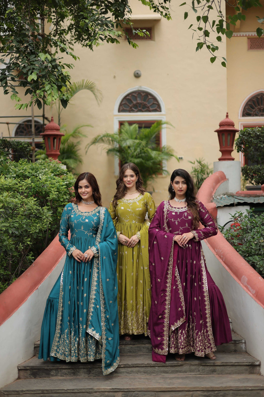 Jyoti Fashion Women's Rama Mehendi & Wine Chinon Rich Sequins Embroidered Combo Kurta Set with Dupatta | Grocsy