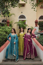 Jyoti Fashion Women's Rama Mehendi & Wine Chinon Rich Sequins Embroidered Combo Kurta Set with Dupatta | Grocsy