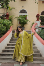 Jyoti Fashion Women's Mehendi Chinon Rich Sequins Embroidered Kurta Set with Dupatta | Grocsy