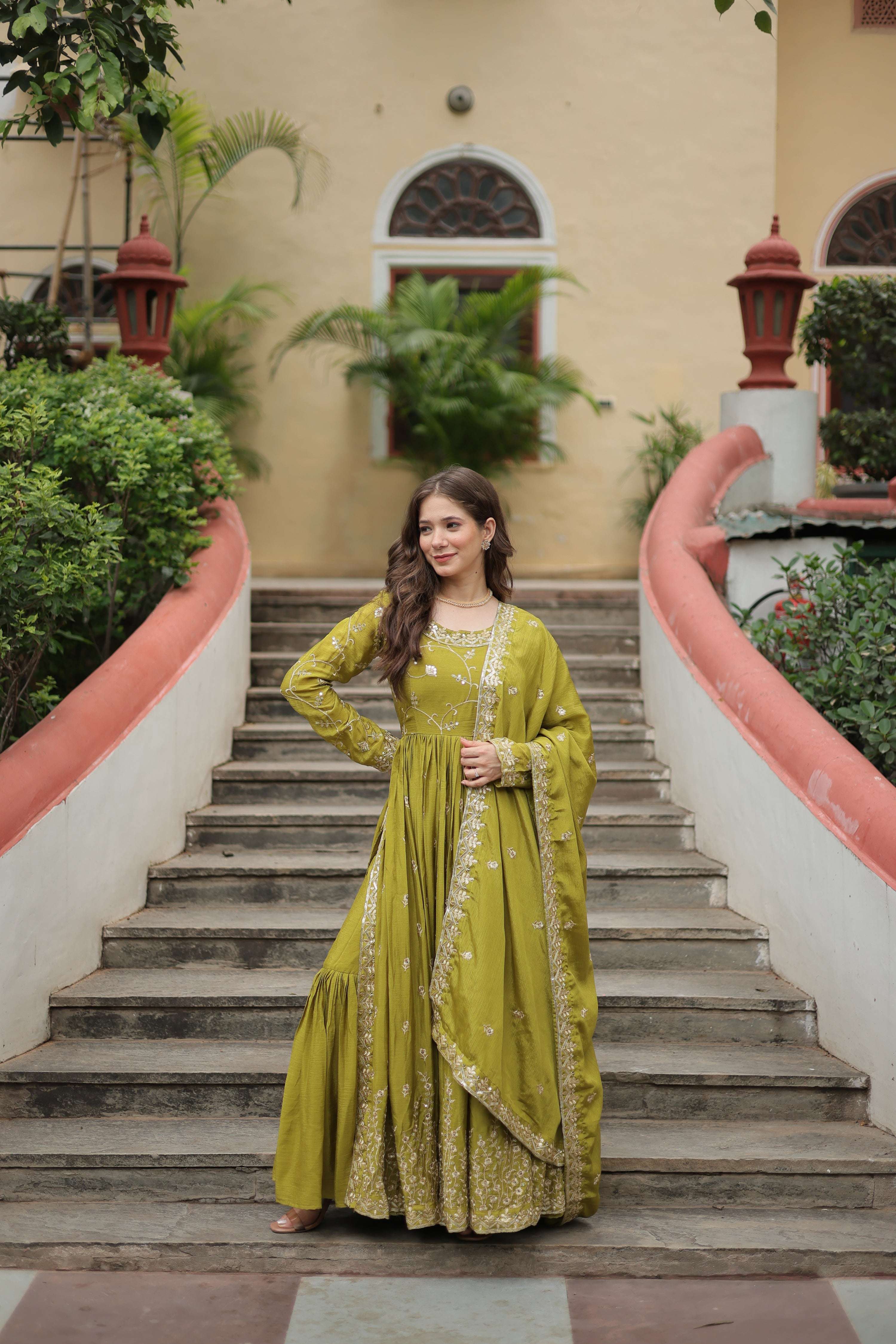 Jyoti Fashion Women's Mehendi Chinon Rich Sequins Embroidered Kurta Set with Dupatta | Grocsy