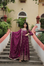 Jyoti Fashion Women's Wine Chinon Rich Sequins Embroidered Kurta Set with Dupatta | Grocsy