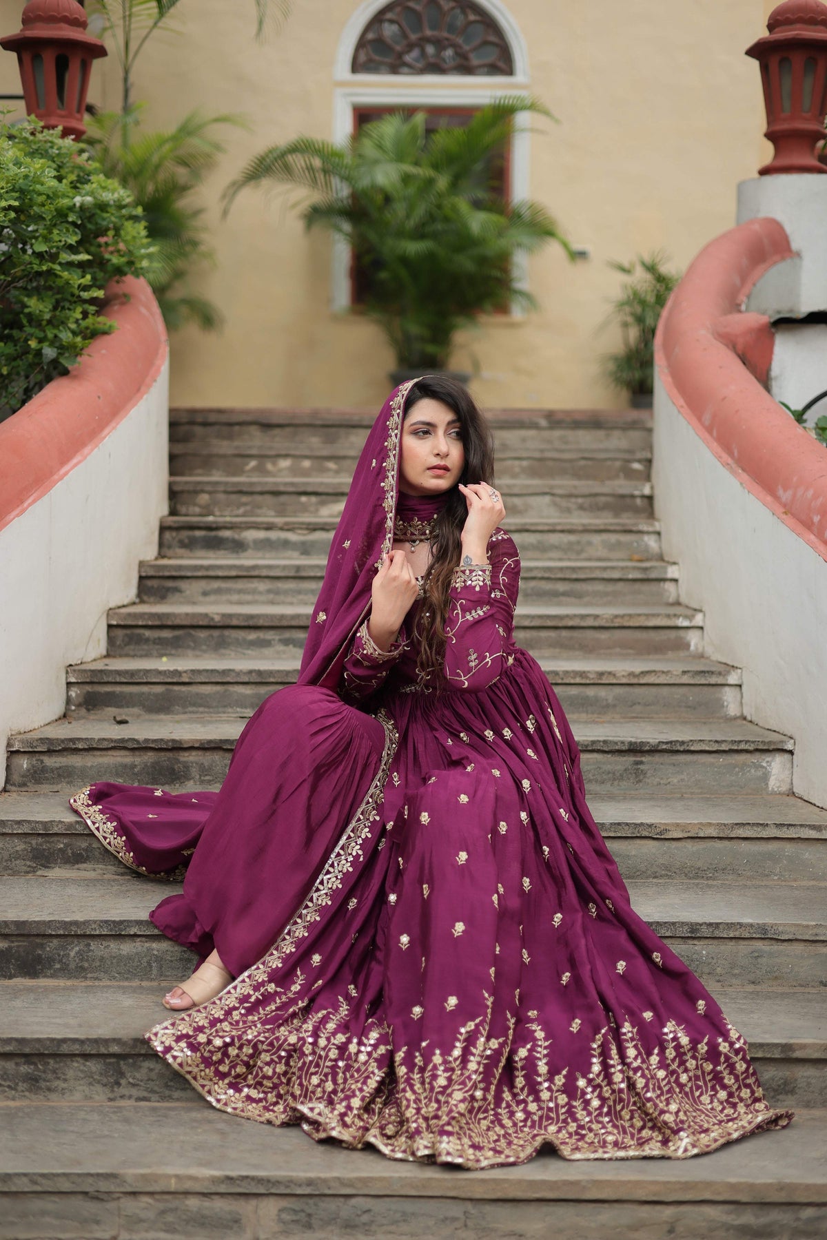 Jyoti Fashion Women's Wine Chinon Rich Sequins Embroidered Kurta Set with Dupatta | Grocsy