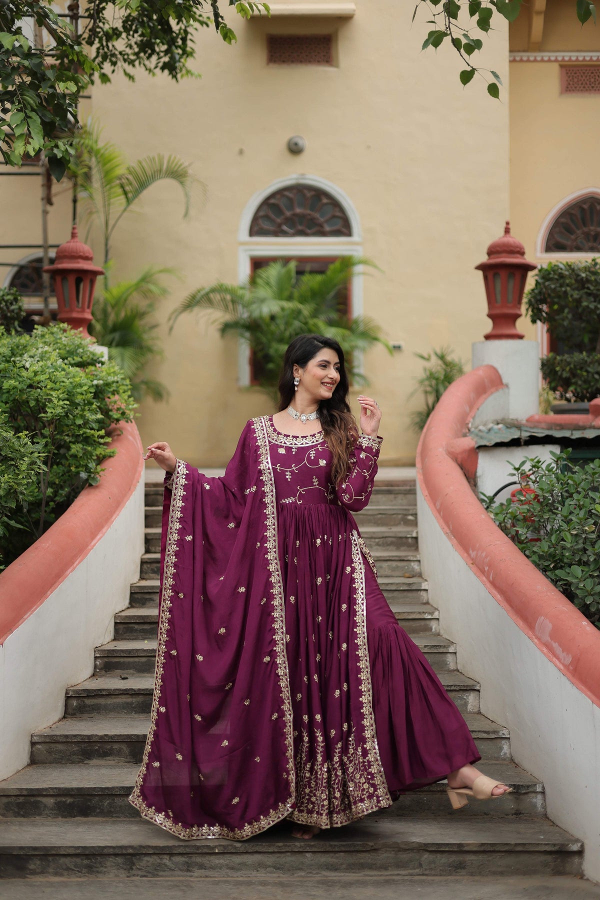 Jyoti Fashion Women's Wine Chinon Rich Sequins Embroidered Kurta Set with Dupatta | Grocsy