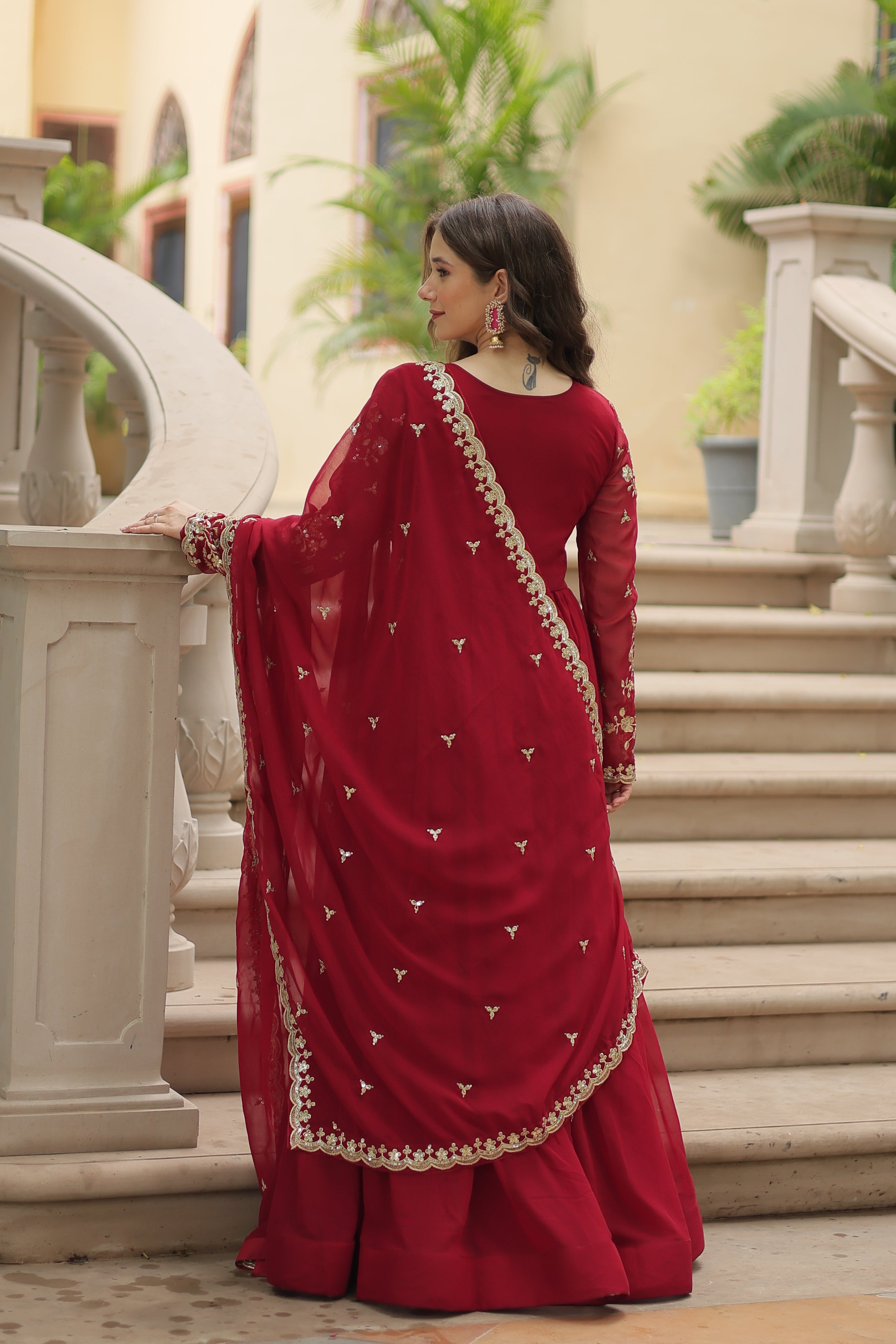 Jyoti Fashion Women's Maroon Faux Blooming Sequins Zari Embroidered Long Anarkali Sets | Grocsy