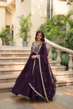 Jyoti Fashion Women's Wine Faux Blooming Sequins Zari Embroidered Long Anarkali Sets | Grocsy
