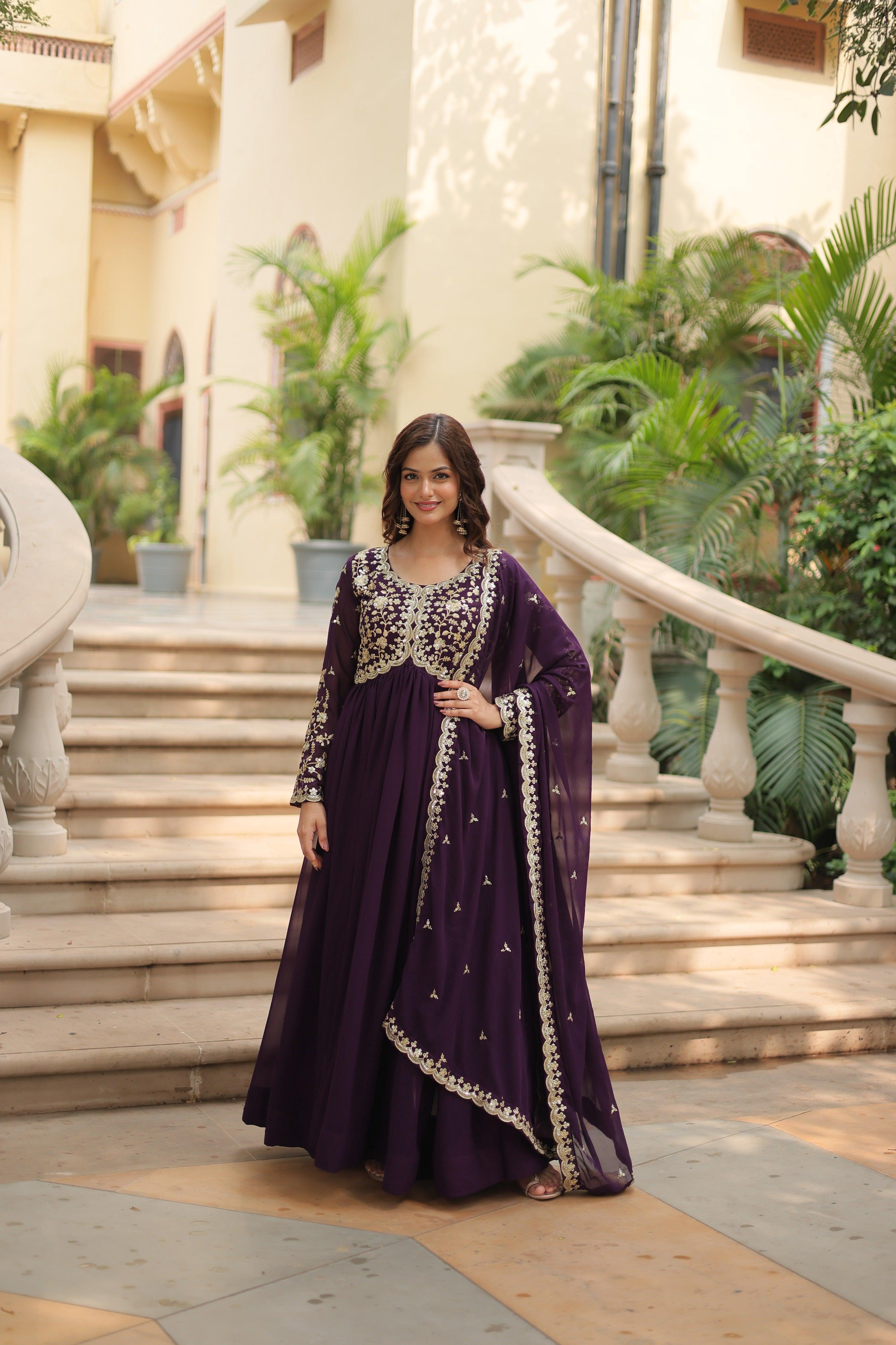 Jyoti Fashion Women's Wine Faux Blooming Sequins Zari Embroidered Long Anarkali Sets | Grocsy