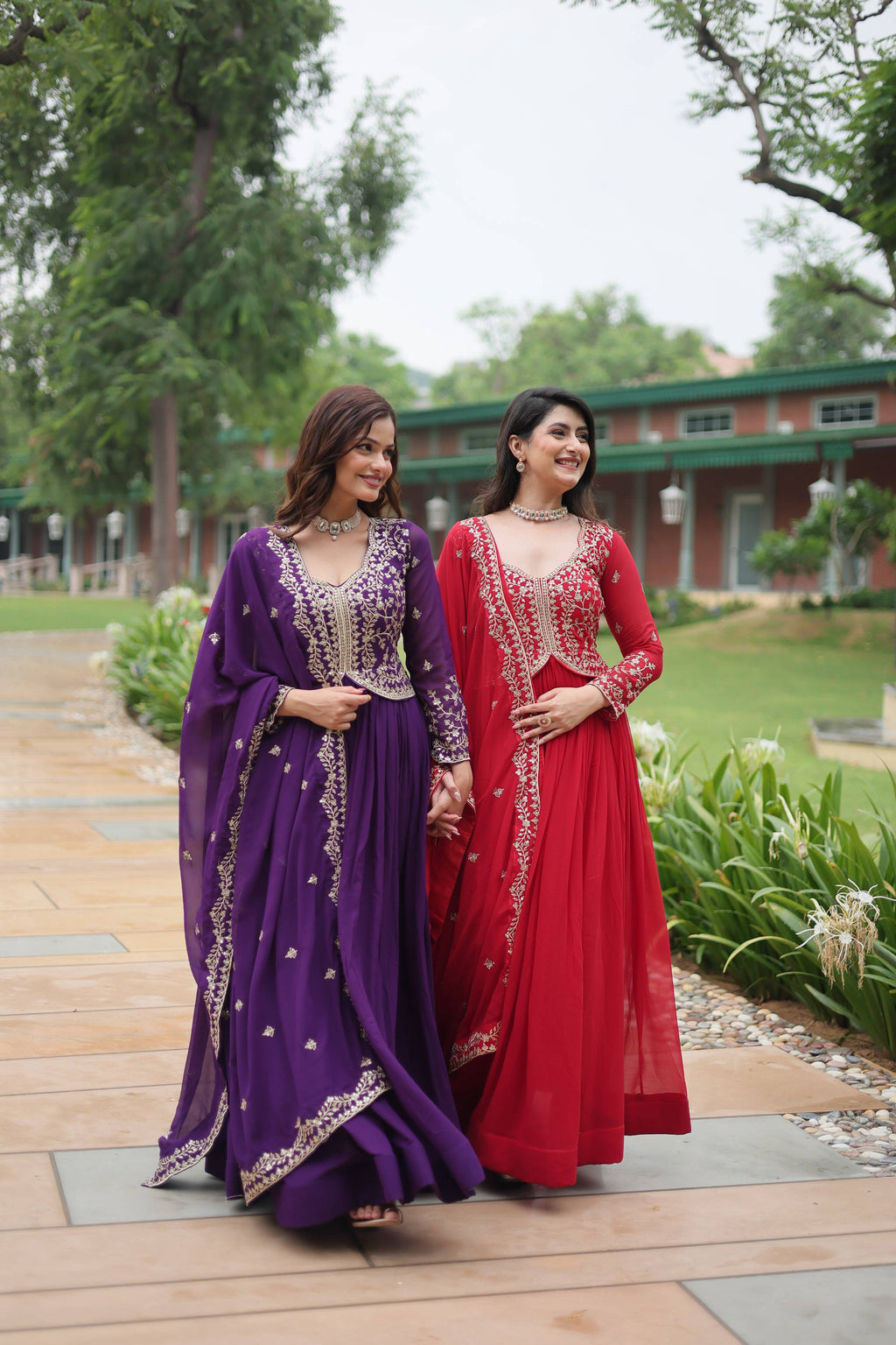 Jyoti Fashion Women's Purple & Red Faux Blooming Sequins Zari Embroidered Long Anarkali Combo Sets | Grocsy