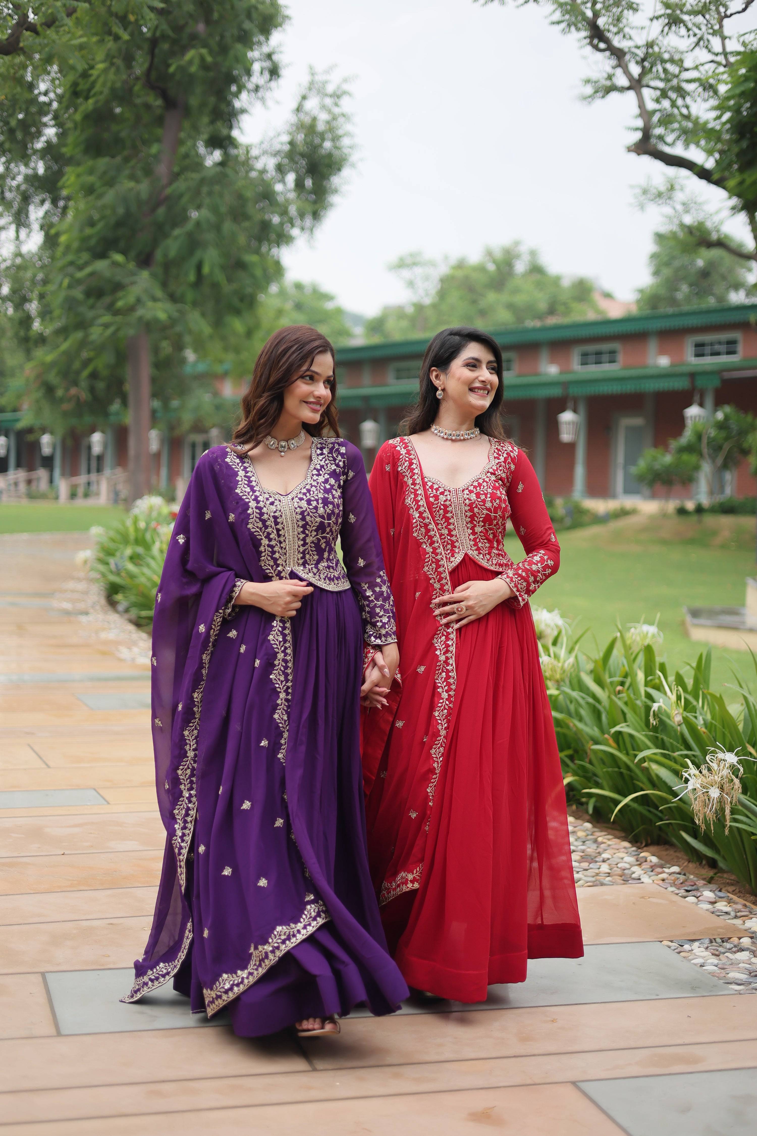 Jyoti Fashion Women's Purple & Red Faux Blooming Sequins Zari Embroidered Long Anarkali Combo Sets | Grocsy