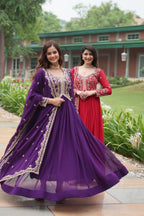 Jyoti Fashion Women's Purple & Red Faux Blooming Sequins Zari Embroidered Long Anarkali Combo Sets | Grocsy