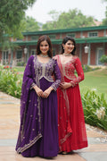 Jyoti Fashion Women's Purple & Red Faux Blooming Sequins Zari Embroidered Long Anarkali Combo Sets | Grocsy