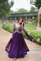 Jyoti Fashion Women's Purple Faux Blooming Sequins Zari Embroidered Long Anarkali Sets | Grocsy