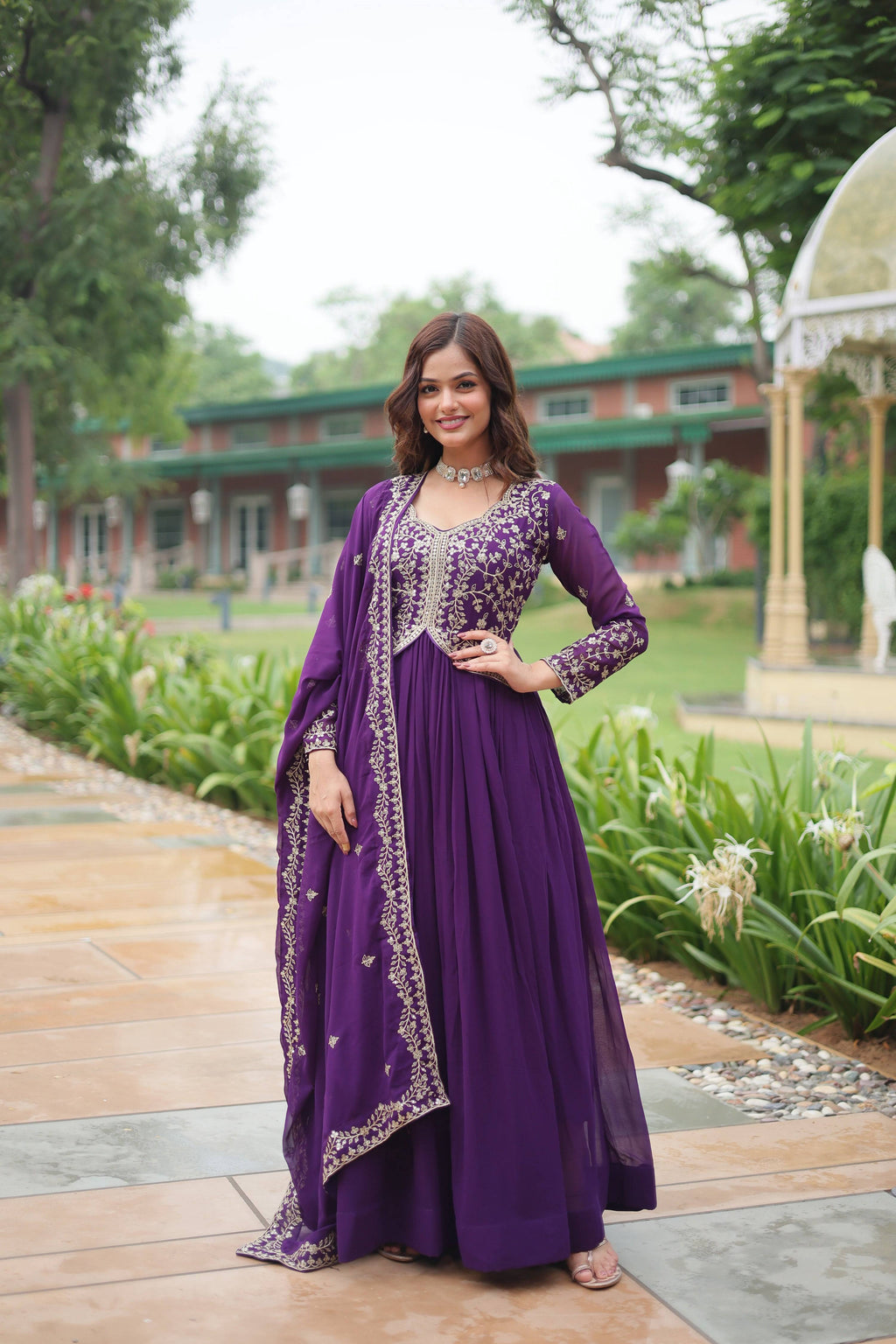 Jyoti Fashion Women's Purple Faux Blooming Sequins Zari Embroidered Long Anarkali Sets | Grocsy