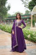 Jyoti Fashion Women's Purple Faux Blooming Sequins Zari Embroidered Long Anarkali Sets | Grocsy
