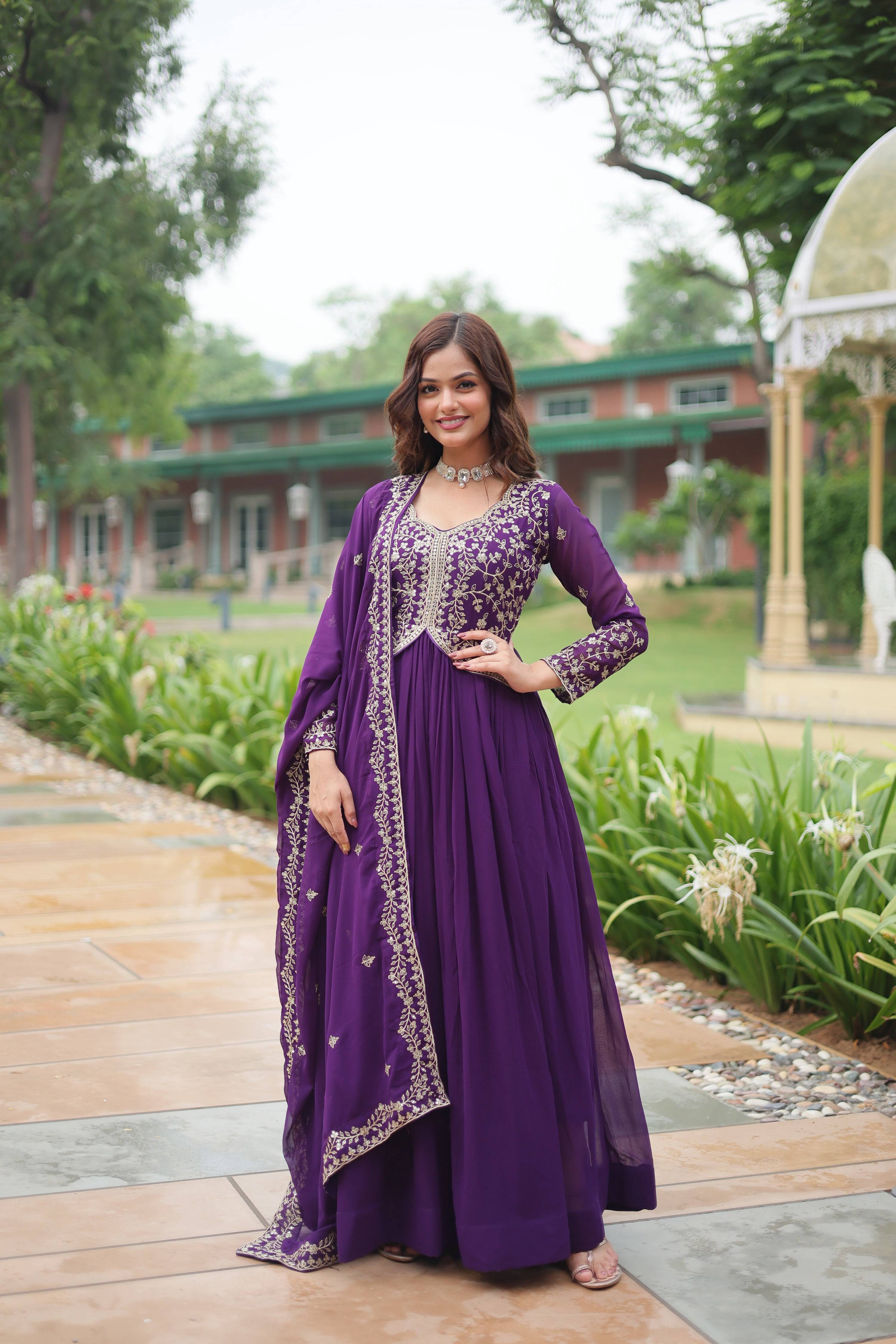 Jyoti Fashion Women's Purple Faux Blooming Sequins Zari Embroidered Long Anarkali Sets | Grocsy