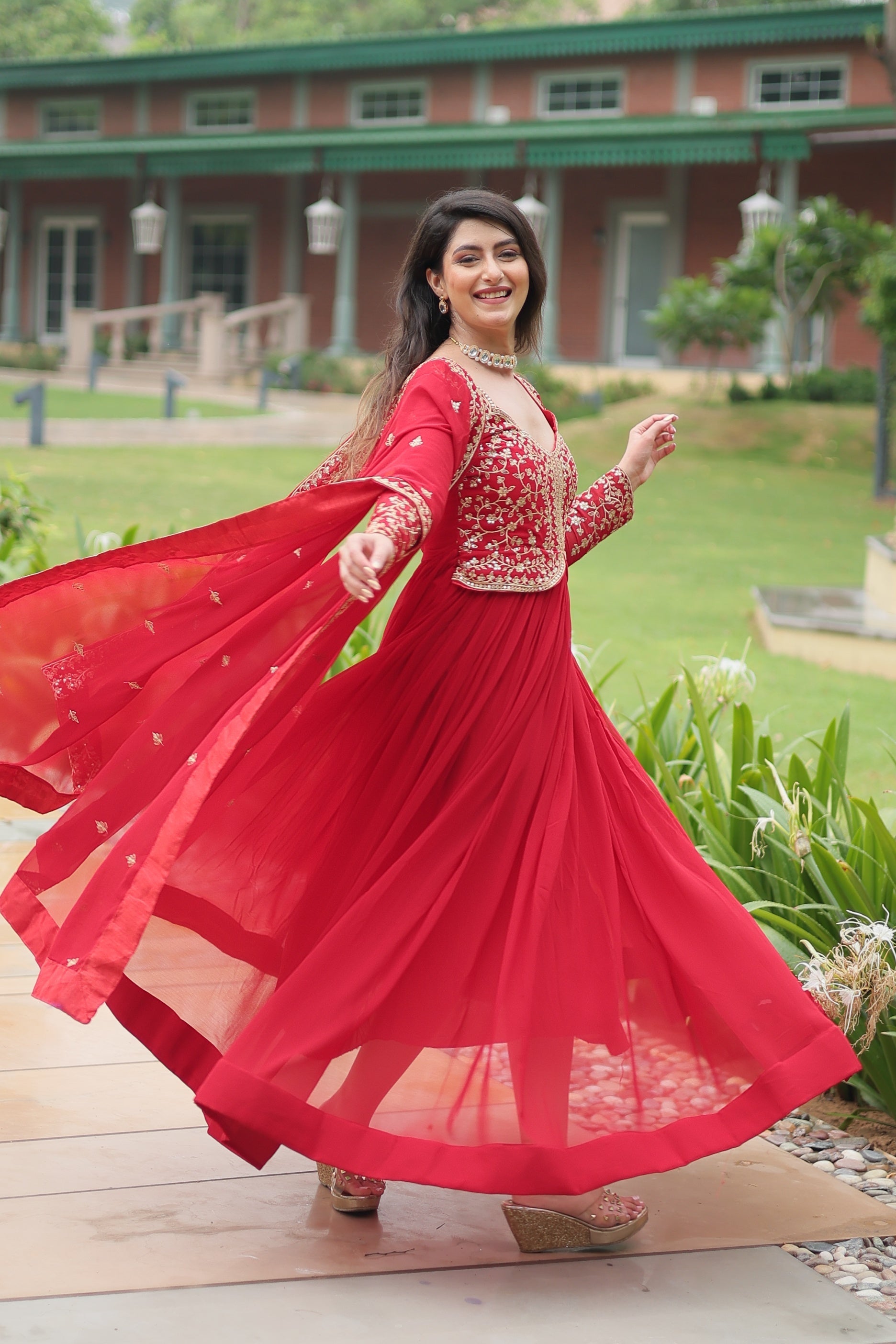 Jyoti Fashion Women's Red Faux Blooming Sequins Zari Embroidered Long Anarkali Sets | Grocsy